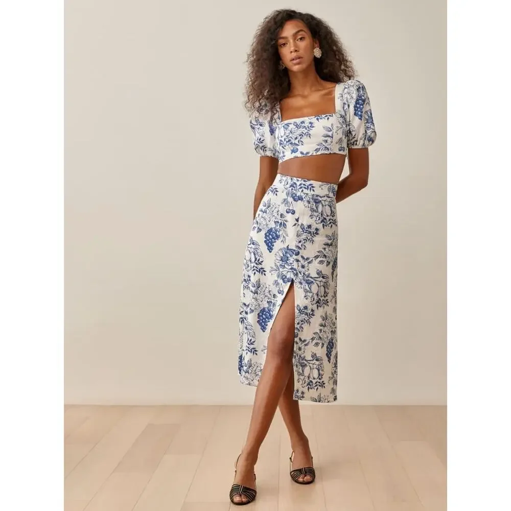 Reformation Jonas Linen 2 Piece Skirt Top Floral Sz 6 Blue White Set Resort